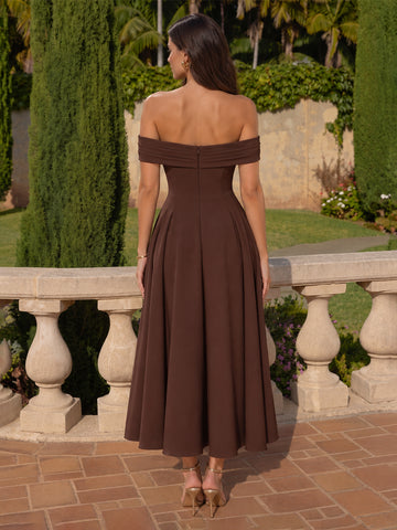 Stretch Satin A Line Sleeveless Wedding Guest Dresses Midi Off the Shoulder Cocktail Dresses