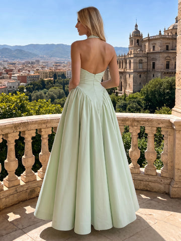 A Line Halter Satin Sleeveless Wedding Guest Dresses