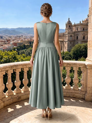 Satin A Line Boat Neck Sleeveless Wedding Guest Dresses