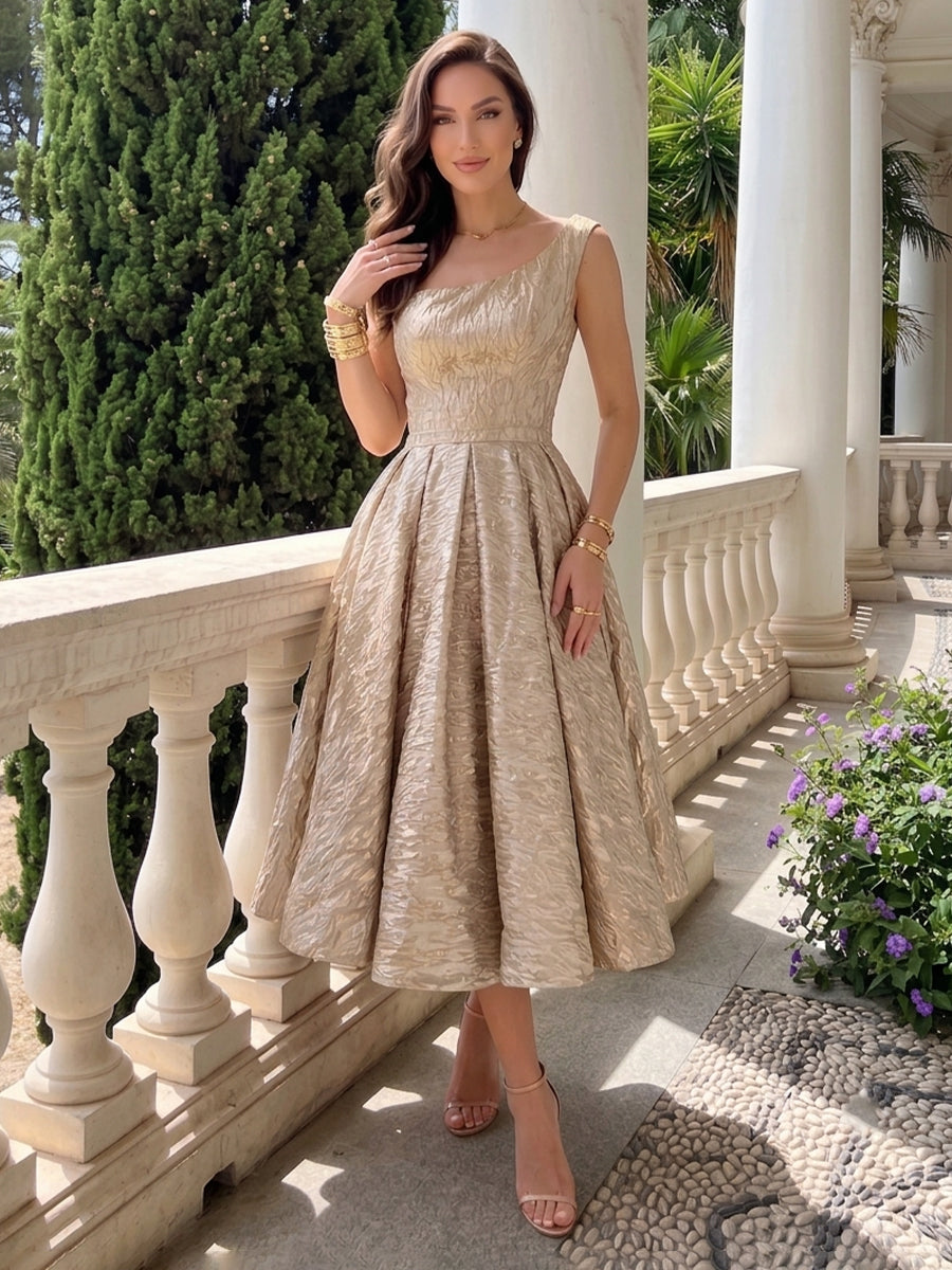 Satin A Line One Shoulder Sleeveless Jacquard Wedding Guest Dresses