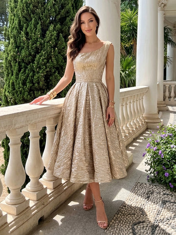 Satin A Line One Shoulder Sleeveless Jacquard Wedding Guest Dresses
