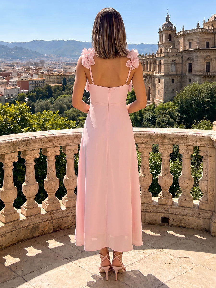 A Line Chiffon Spaghetti Straps Sleeveless Wedding Guest Dresses