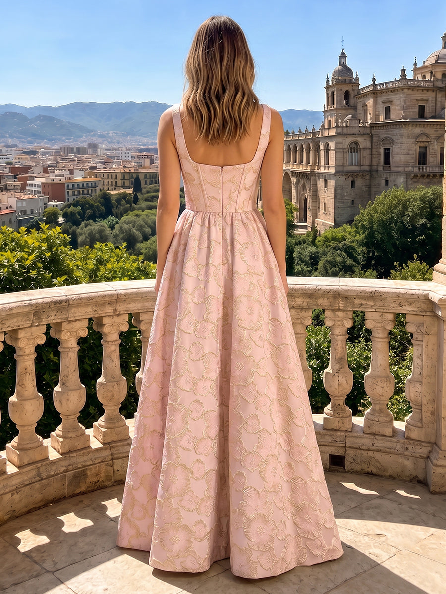 A Line Satin Spaghetti Straps Sleeveless Jacquard Corset Wedding Guest Dresses