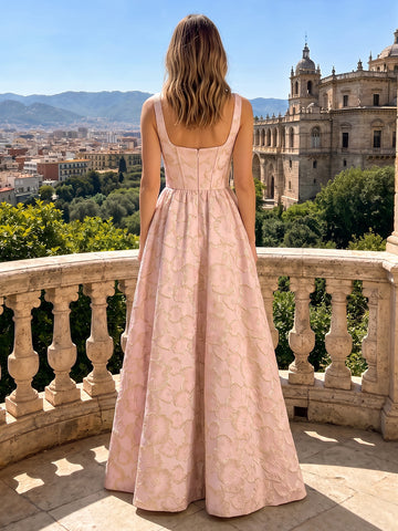 A Line Satin Spaghetti Straps Sleeveless Jacquard Corset Wedding Guest Dresses