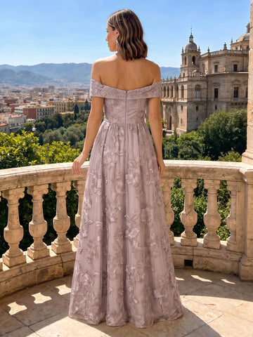 Off the Shoulder Satin A Line Sleeveless Embroidery Wedding Guest Dresses
