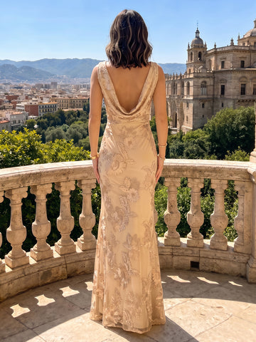 Mermaid Cowl Neck Satin Sleeveless Embroidery Wedding Guest Dresses
