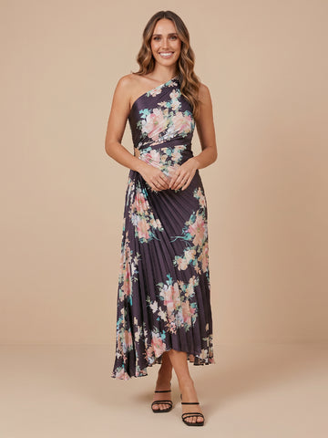 One Shoulder Chiffon A Line Sleeveless Floral Print Wedding Guest Dresses
