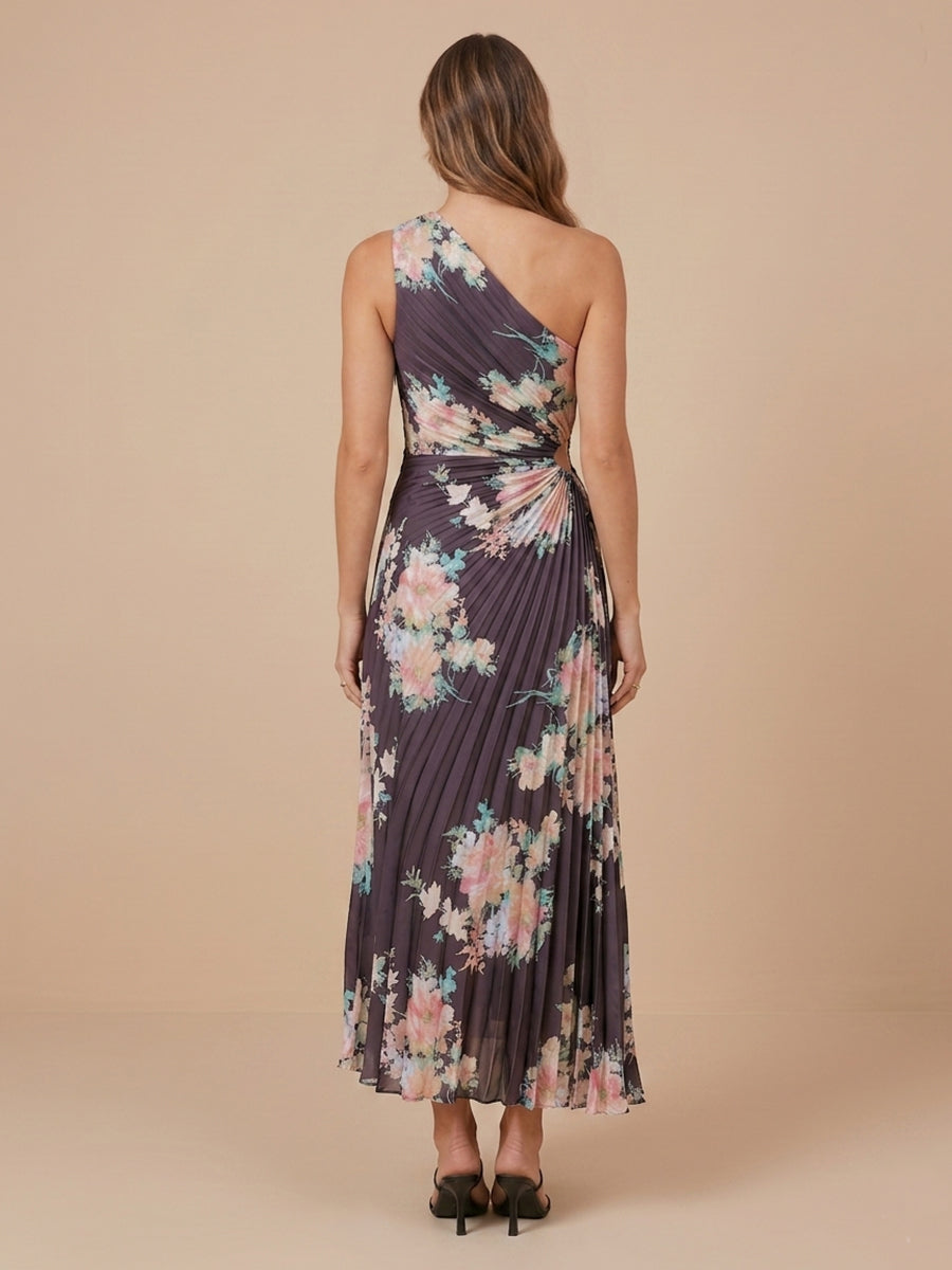 One Shoulder Chiffon A Line Sleeveless Floral Print Wedding Guest Dresses