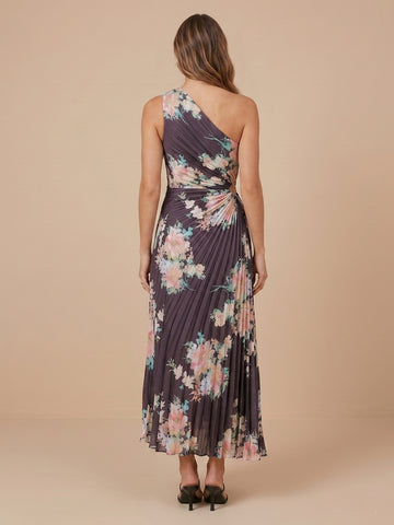 One Shoulder Chiffon A Line Sleeveless Floral Print Wedding Guest Dresses