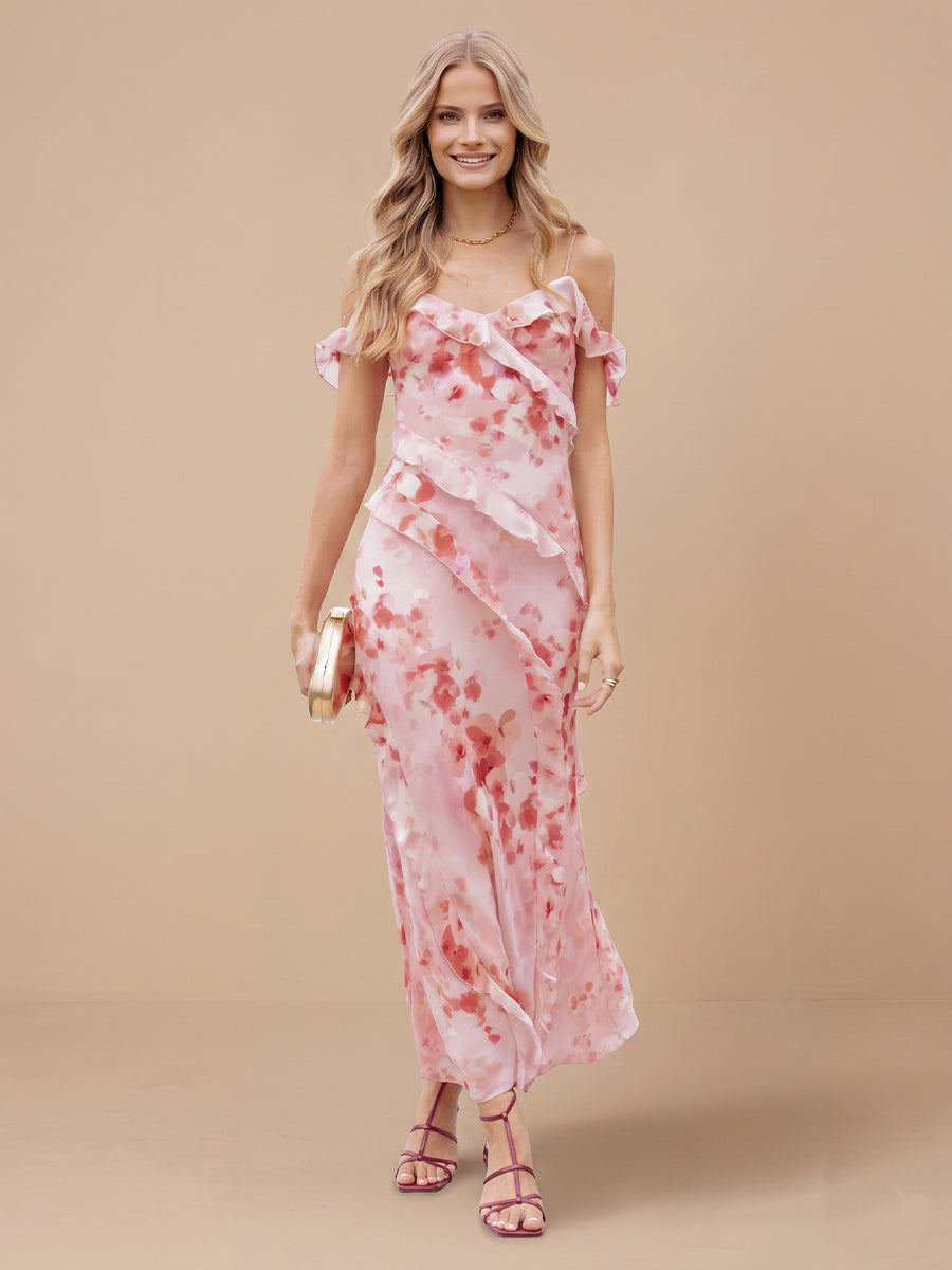 Chiffon Sheath Spaghetti Straps Sleeveless Floral Print Wedding Guest Dresses with Ruched
