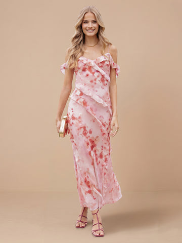 Chiffon Sheath Spaghetti Straps Sleeveless Floral Print Wedding Guest Dresses with Ruched