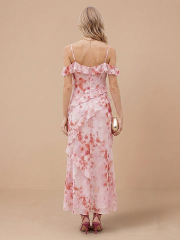 Chiffon Sheath Spaghetti Straps Sleeveless Floral Print Wedding Guest Dresses with Ruched