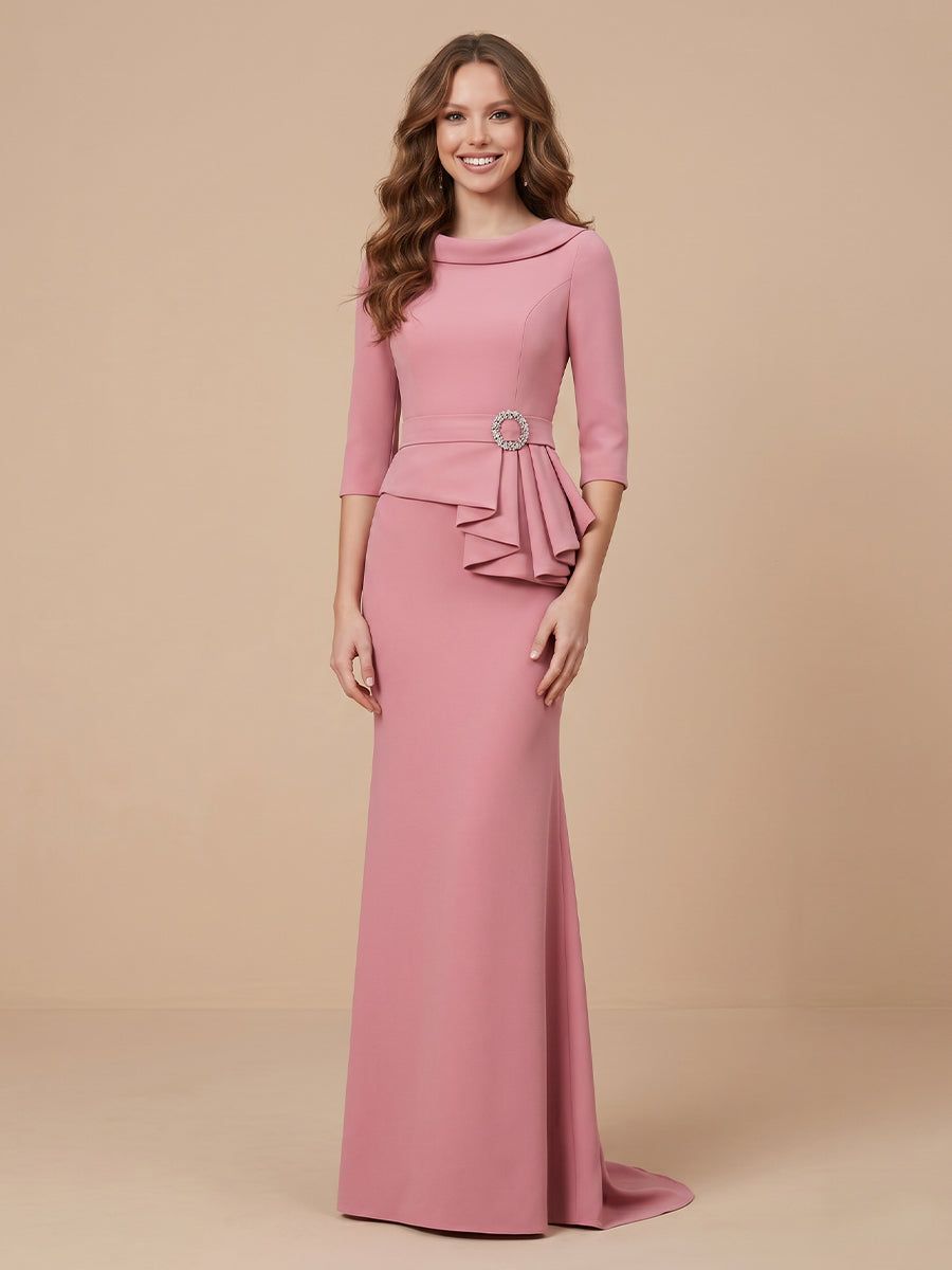 Sheath Boat Neck Satin 3/4 Sleeves Wedding Guest Dresses
