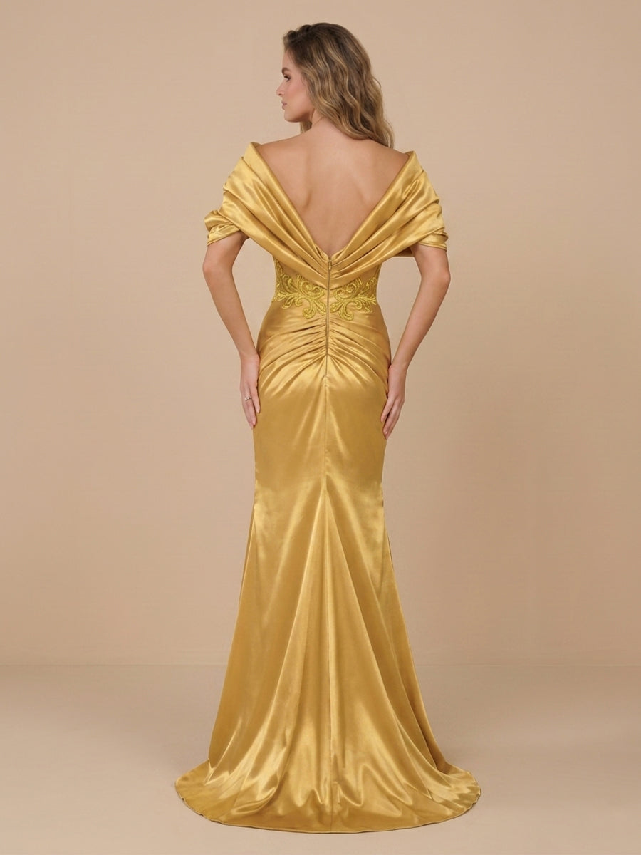 V Neck Satin Mermaid Short Sleeves Wedding Guest Dresses
