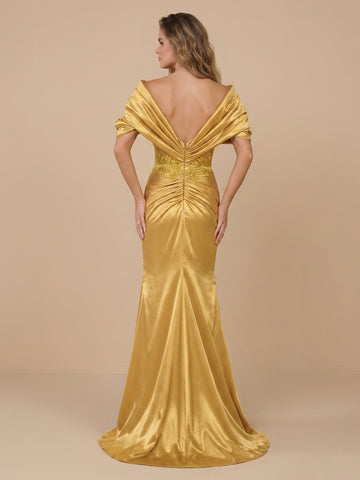 V Neck Satin Mermaid Short Sleeves Wedding Guest Dresses
