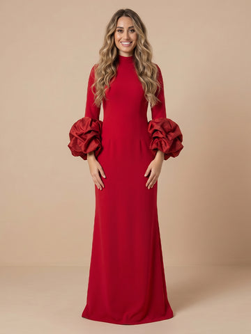 Satin Sheath High Neck Long Sleeves Evening Dresses