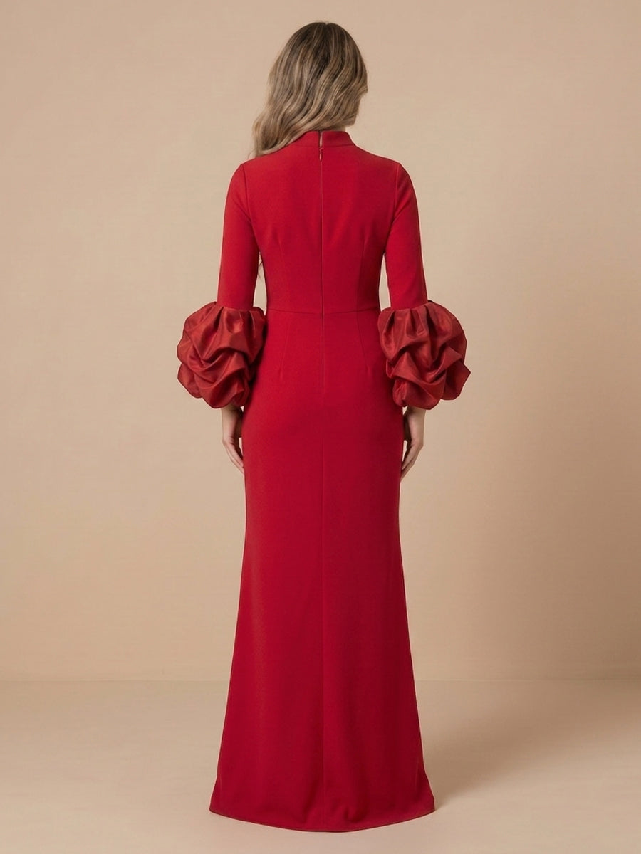 Satin Sheath High Neck Long Sleeves Evening Dresses