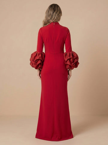 Satin Sheath High Neck Long Sleeves Evening Dresses