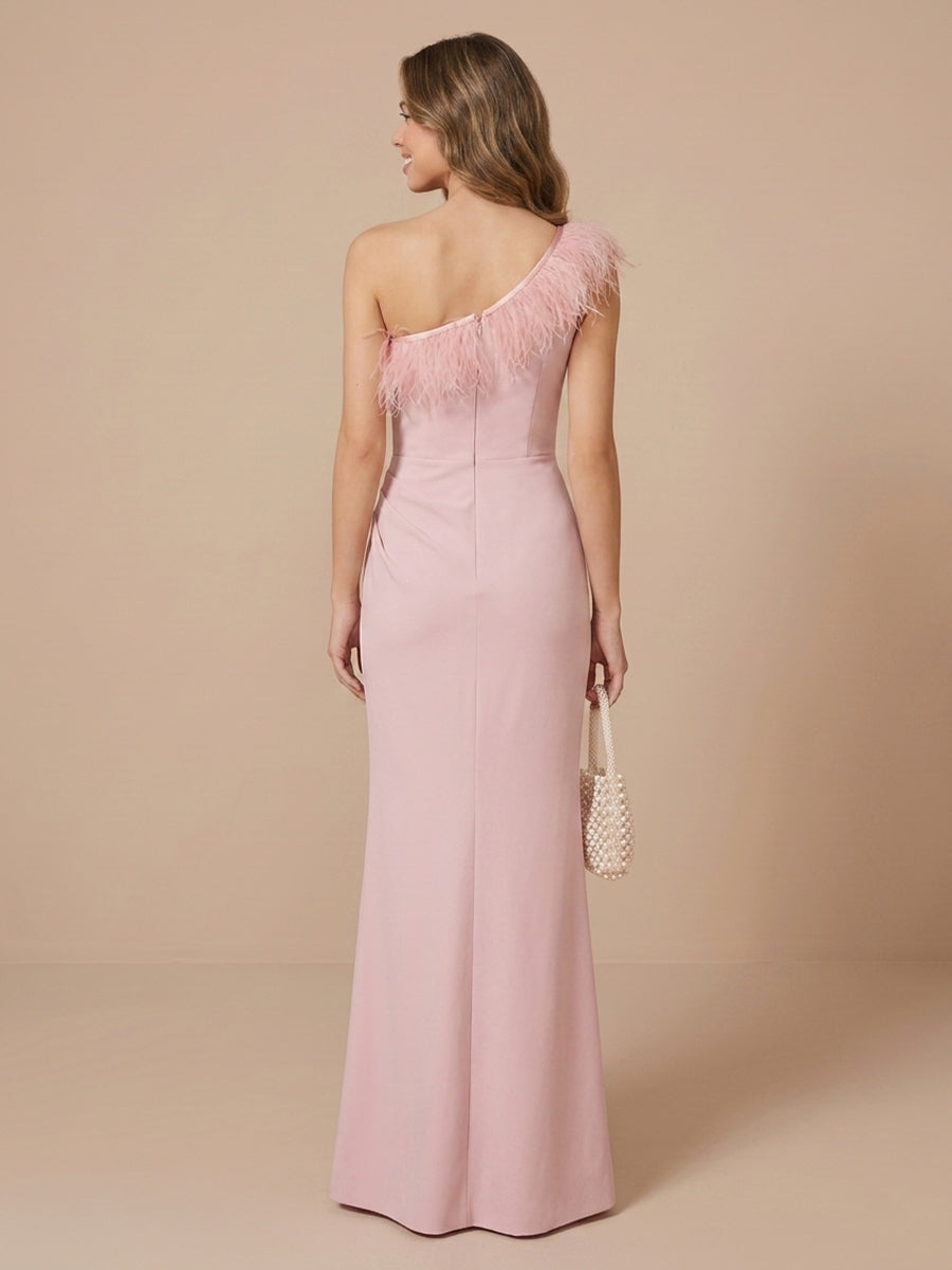 One Shoulder Satin Sheath Sleeveless Wedding Guest Dresses with Slit