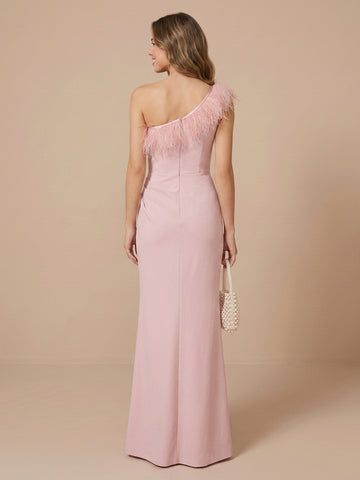 One Shoulder Satin Sheath Sleeveless Wedding Guest Dresses with Slit