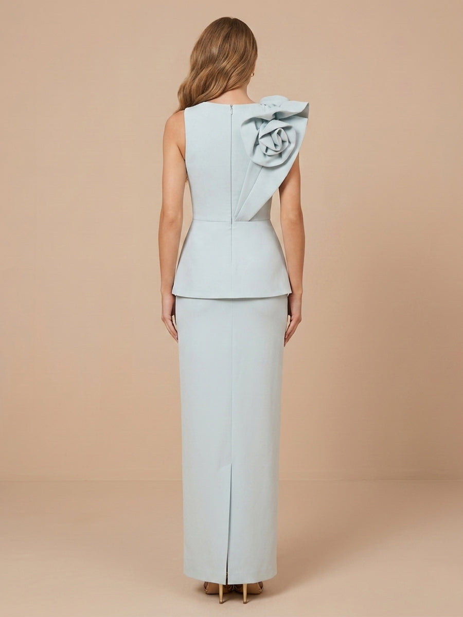 Satin Sheath Scoop Neck Sleeveless Flower Wedding Guest Dresses