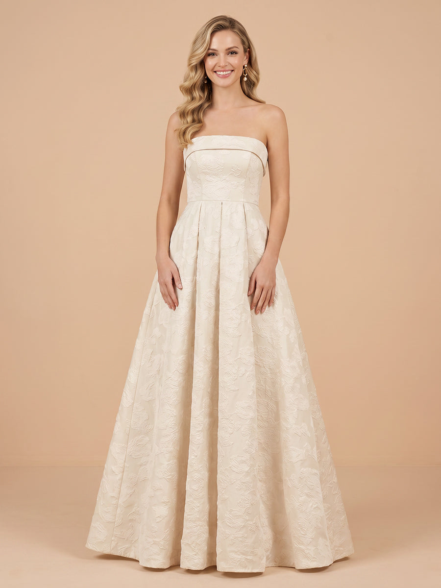 A Line Strapless Satin Sleeveless Jacquard Wedding Guest Dresses