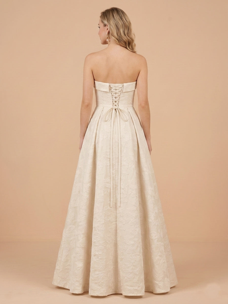 A Line Strapless Satin Sleeveless Jacquard Wedding Guest Dresses