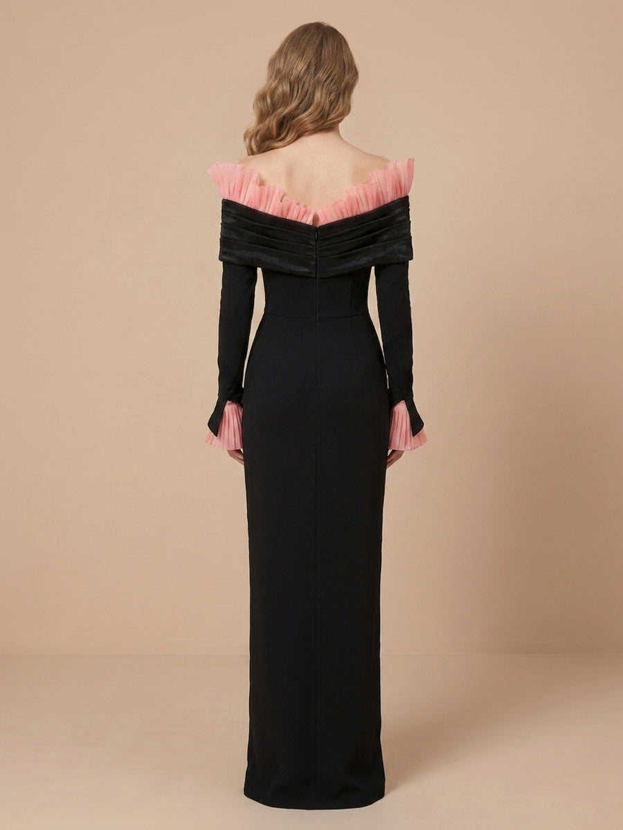Off the Shoulder Satin Sheath Long Sleeves Wedding Guest Dresses