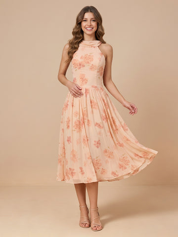 Chiffon A Line Jewel Sleeveless Floral Print Wedding Guest Dresses