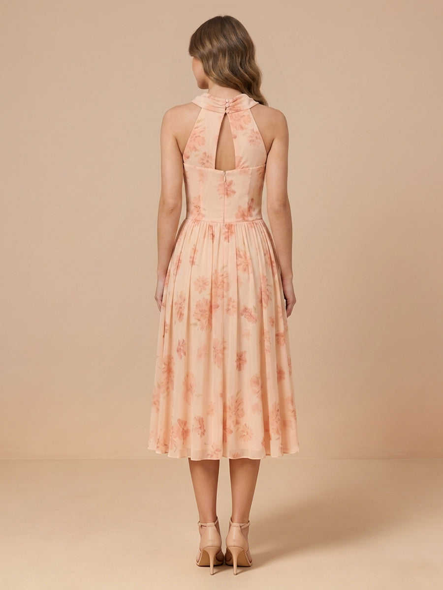 Chiffon A Line Jewel Sleeveless Floral Print Wedding Guest Dresses