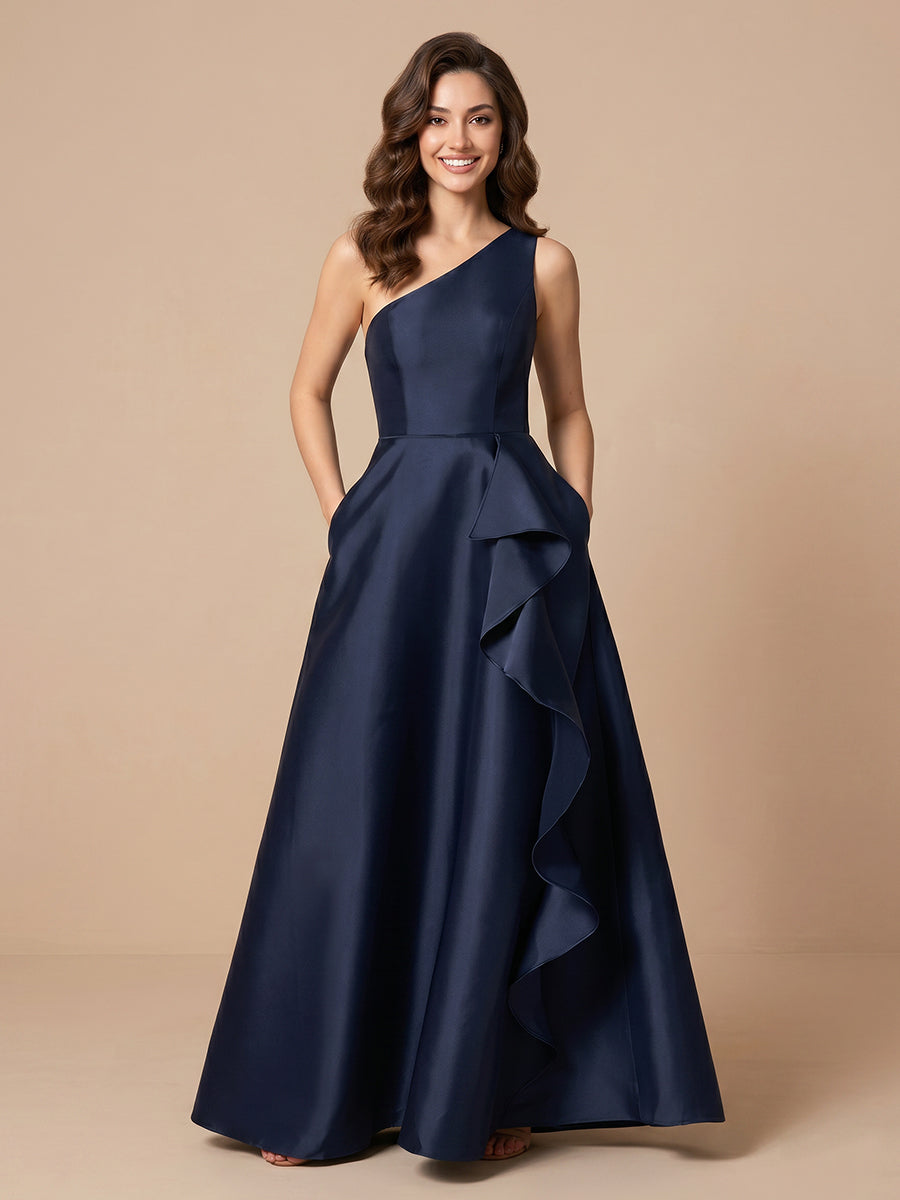 One Shoulder Satin A Line Sleeveless Wedding Guest Dresses with Ruched
