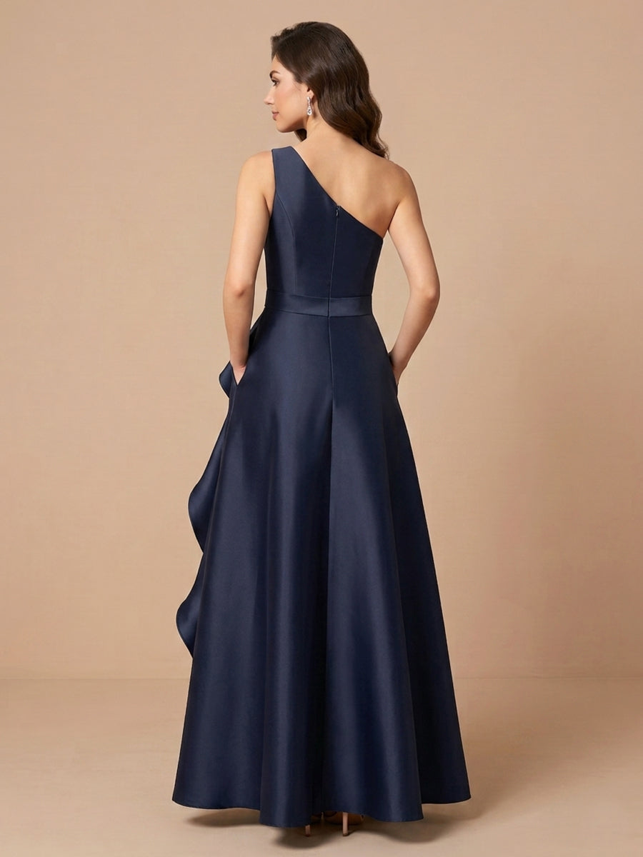 One Shoulder Satin A Line Sleeveless Wedding Guest Dresses with Ruched