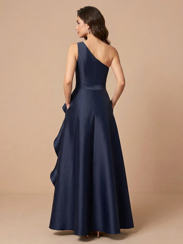 One Shoulder Satin A Line Sleeveless Wedding Guest Dresses with Ruched