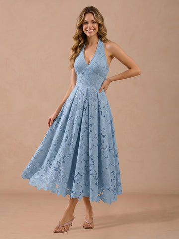 A Line Halter Chiffon Sleeveless Lace Applique Wedding Guest Dresses