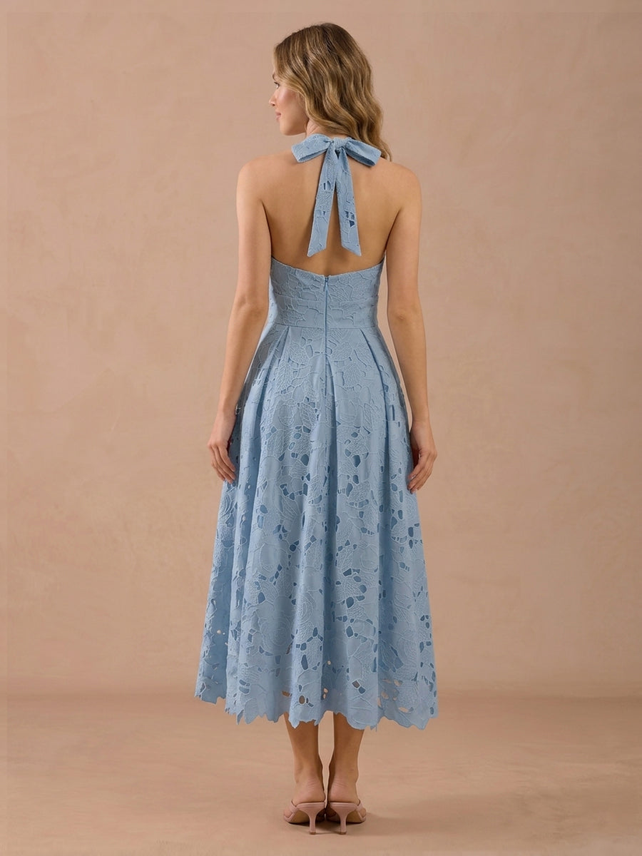 A Line Halter Chiffon Sleeveless Lace Applique Wedding Guest Dresses