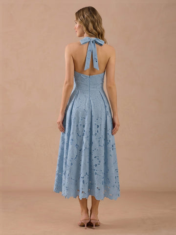 A Line Halter Chiffon Sleeveless Lace Applique Wedding Guest Dresses