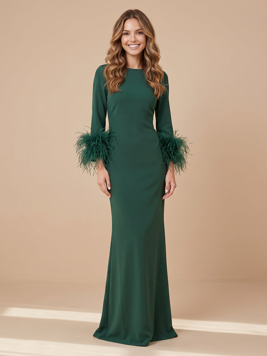 Sheath Jewel Satin Long Sleeves Wedding Guest Dresses