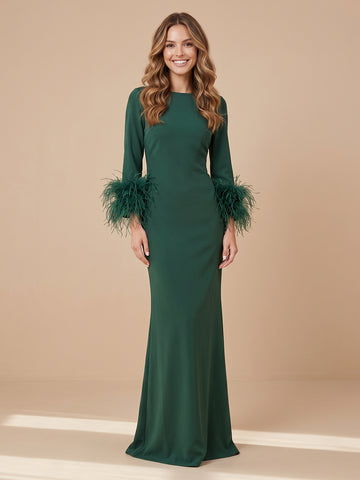 Sheath Jewel Satin Long Sleeves Wedding Guest Dresses