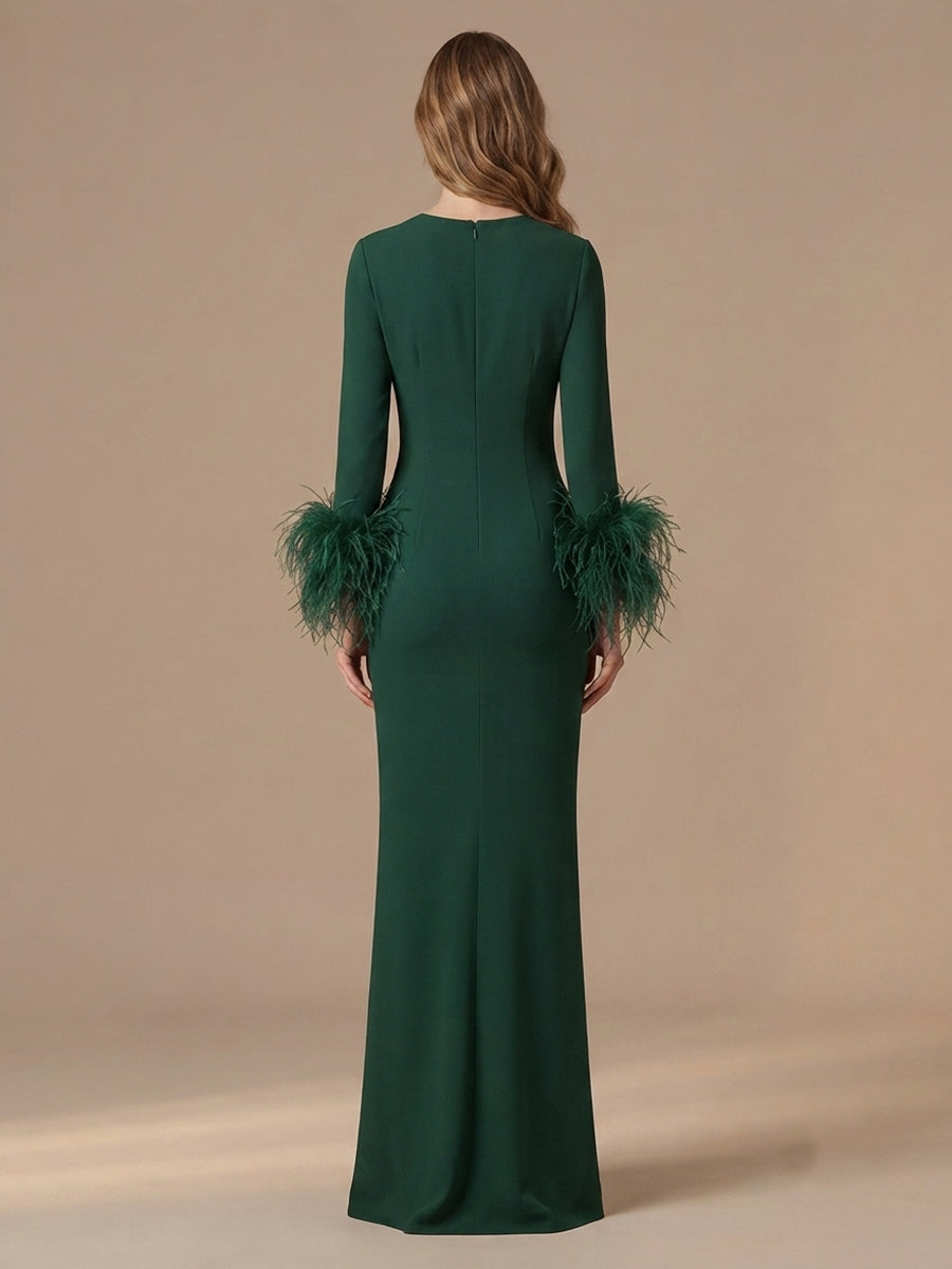 Sheath Jewel Satin Long Sleeves Wedding Guest Dresses