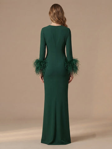 Sheath Jewel Satin Long Sleeves Wedding Guest Dresses