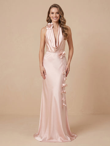 Satin Sheath Cowl Neck Sleeveless Wedding Guest Dresses