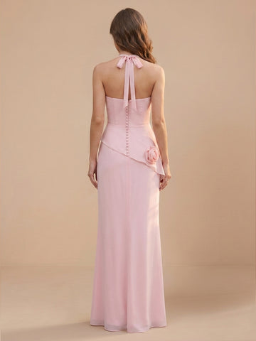 Sheath Halter Chiffon Sleeveless Wedding Guest Dresses with Flower