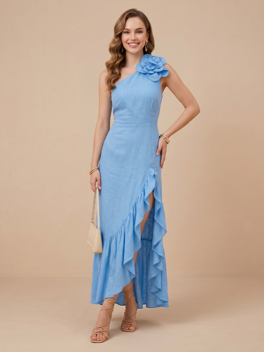 One Shoulder Satin Sheath Sleeveless Wedding Guest Dresses with Ruch