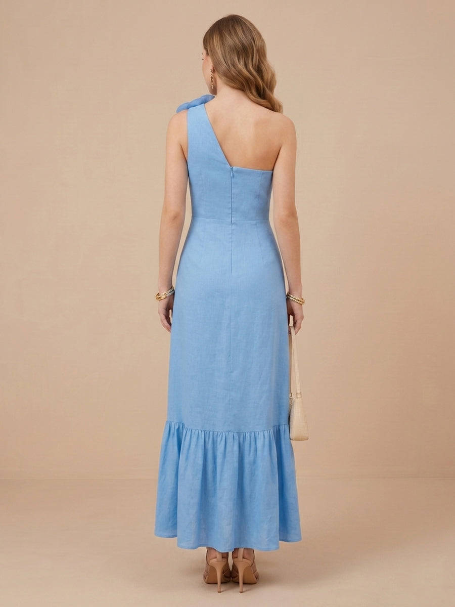 One Shoulder Satin Sheath Sleeveless Wedding Guest Dresses with Ruch
