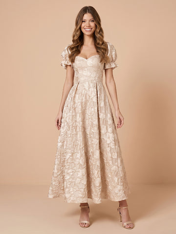 A Line Sweetheart Satin Short Sleeves Jacquard Wedding Guest Dresses