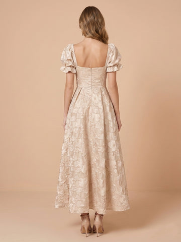 A Line Sweetheart Satin Short Sleeves Jacquard Wedding Guest Dresses
