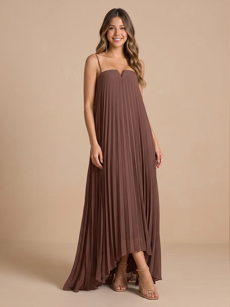 Chiffon A Line Spaghetti Straps Sleeveless Wedding Guest Dresses with Pleated