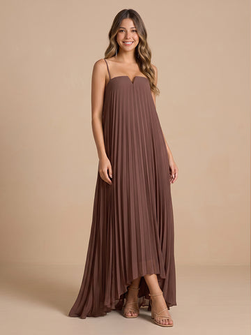 Chiffon A Line Spaghetti Straps Sleeveless Wedding Guest Dresses with Pleated
