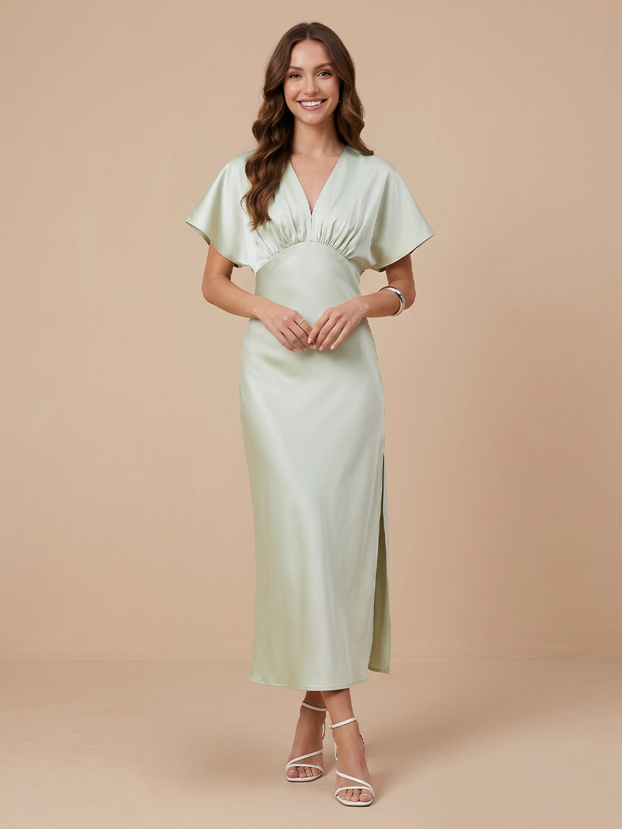 V Neck Satin Sheath Short Sleeves Wedding Guest Dresses with Slit