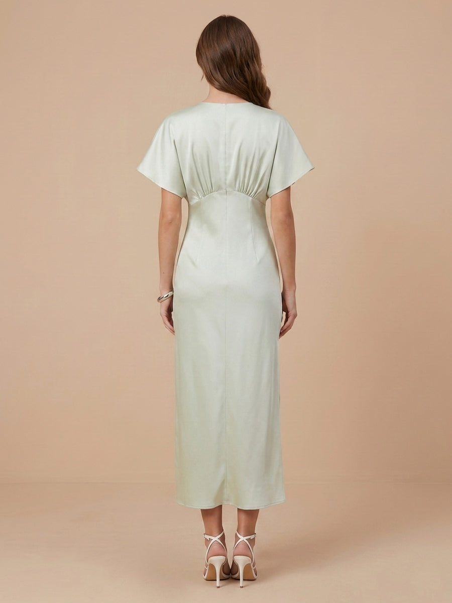 V Neck Satin Sheath Short Sleeves Wedding Guest Dresses with Slit